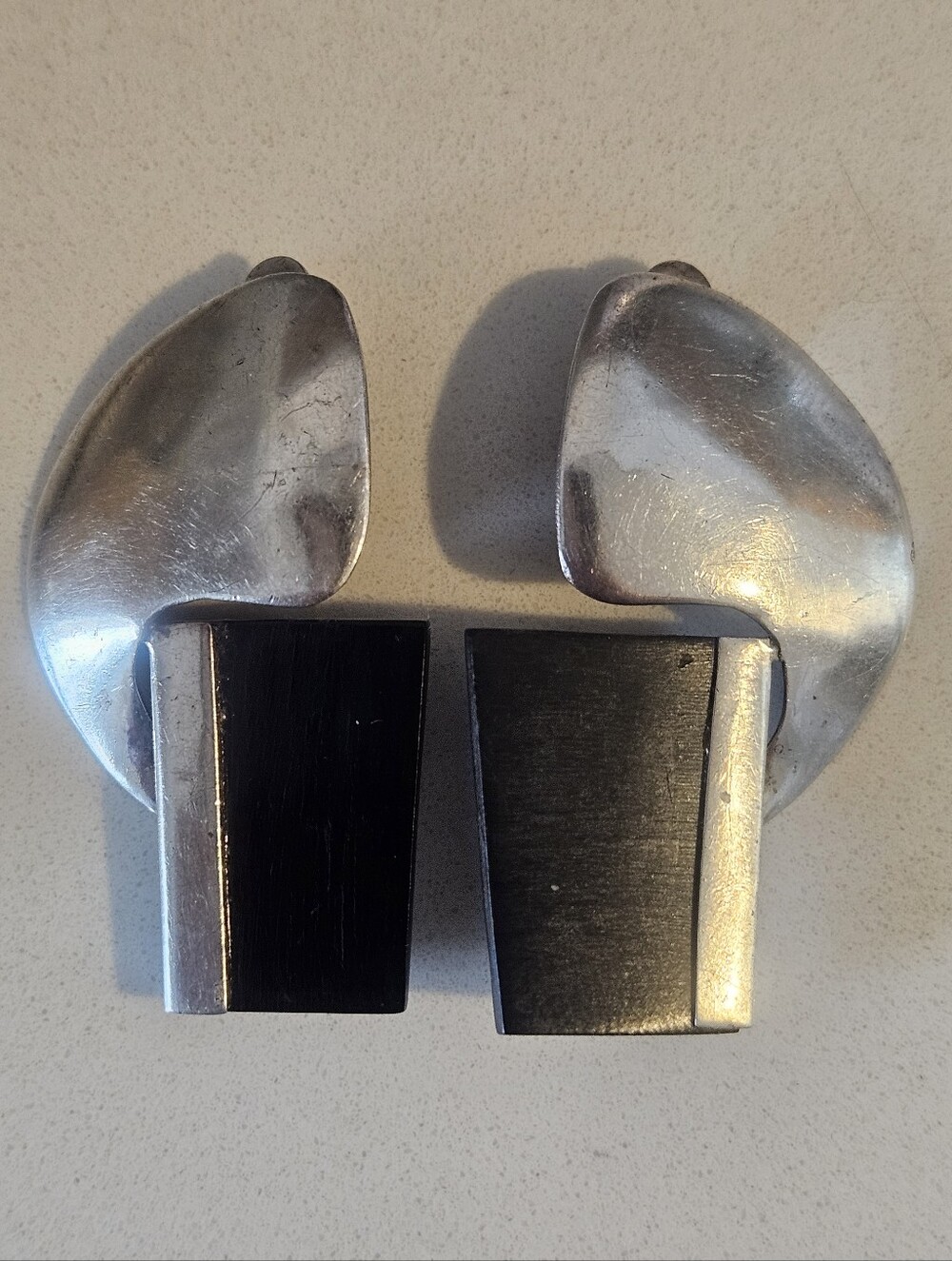 Vintage Designer Modern Sterling Silver Ebony Wood Geometric Clip-On Earrings